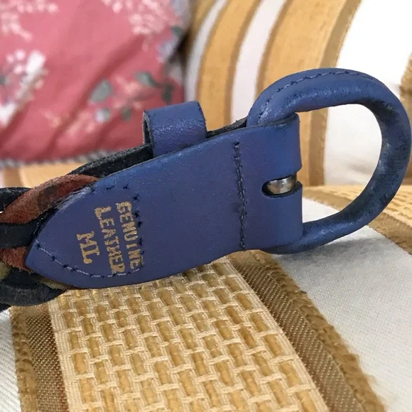 Vintage Leather Multicolor Navy Blue Yellow Green Burgundy Woven Belt Size M/L - Picture 2 of 7